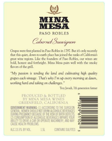 TABC label artwork for Mina Mesa Cabernet Sauvignon Paso Robles