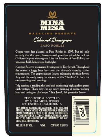 TABC label artwork for Mina Mesa Hazeline Reserve
