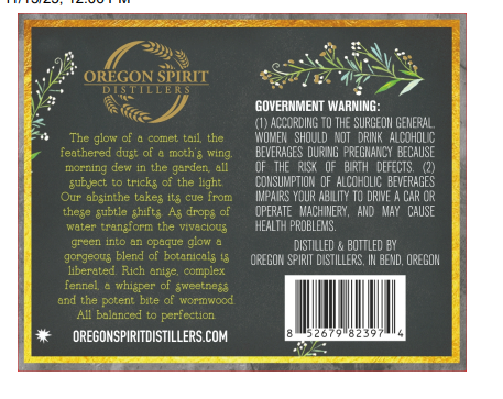 TABC label artwork for Oregon Spirit Absinthe