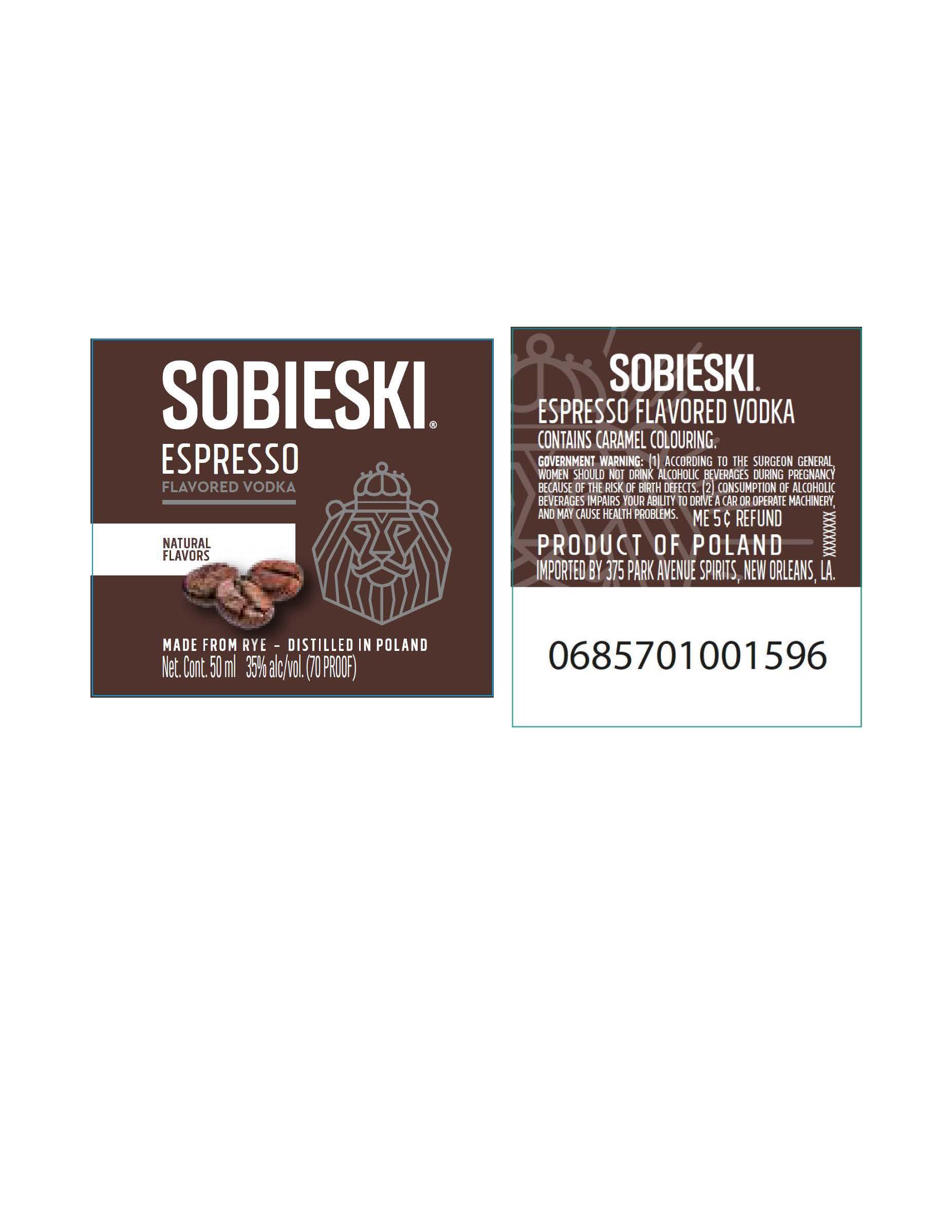 TABC label artwork for Sobieski Espresso Flavored Vodka 50ml