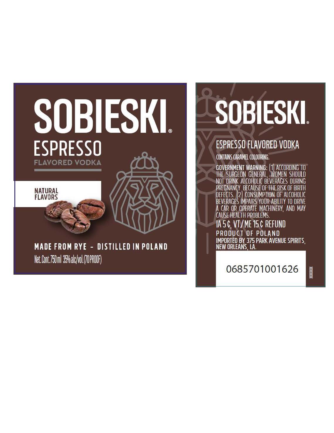 TABC label artwork for Sobieski Espresso Flavored Vodka 750ml, 1L, 1.75 L
