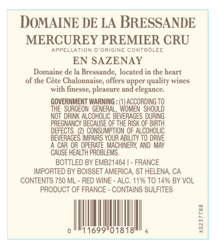 TABC label artwork for Domaine de la Bressande Rouge Mercurey Premier Cru