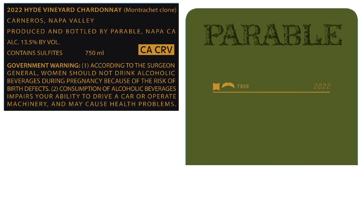 TABC label artwork for PARABLE LOS CARNEROS NAPA VALLEY HYDE VINEYARD CHARDONNAY