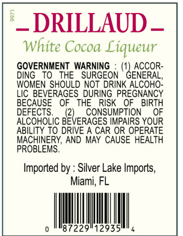 TABC label artwork for Drillaud Creme de Cacao White
