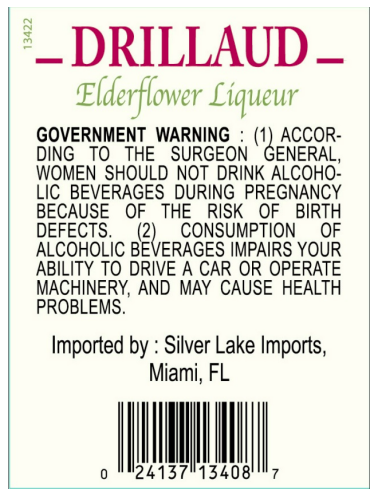 TABC label artwork for Drillaud Elderflower Liqueur