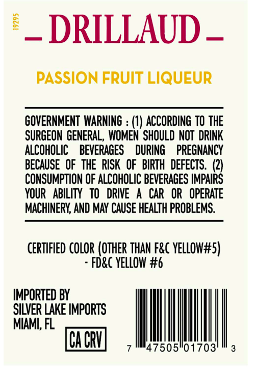 TABC label artwork for Drillaud Passion Fruit Liqueur