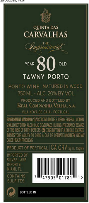 TABC label artwork for Quinta das Carvalhas 80Yr Tawny