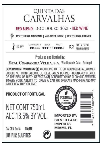 TABC label artwork for Quinta das Carvalhas Douro Red