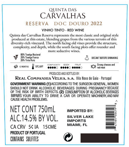 TABC label artwork for Quinta das Carvalhas Douro Reserva