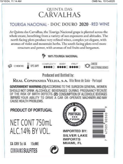 TABC label artwork for Quinta das Carvalhas Touriga Nacional