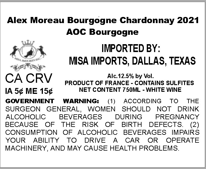 TABC label artwork for ALEX MOREAU CHARDONNAY