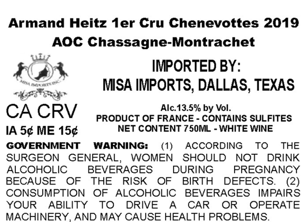 TABC label artwork for ARMAND HEITZ CHENEVOTTES