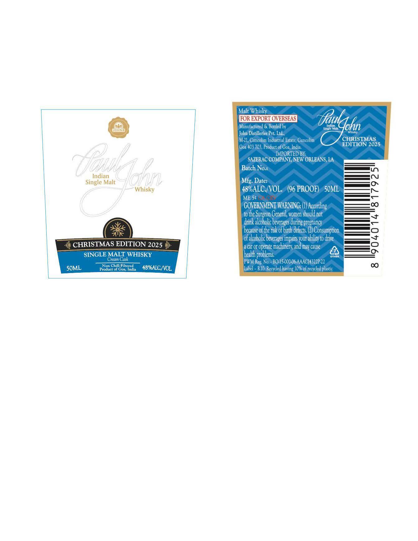 TABC label artwork for Paul John Indian Single Malt Whisky Christmas Edition 2025