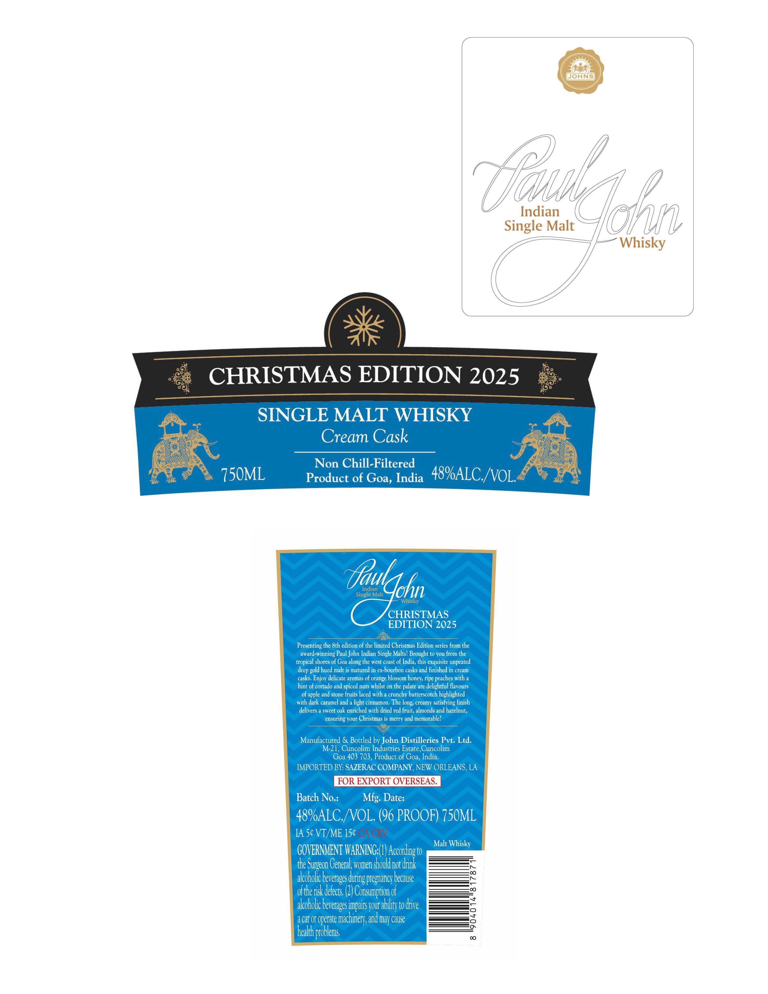 TABC label artwork for Paul John Indian Single Malt Whisky Christmas Edition 2025