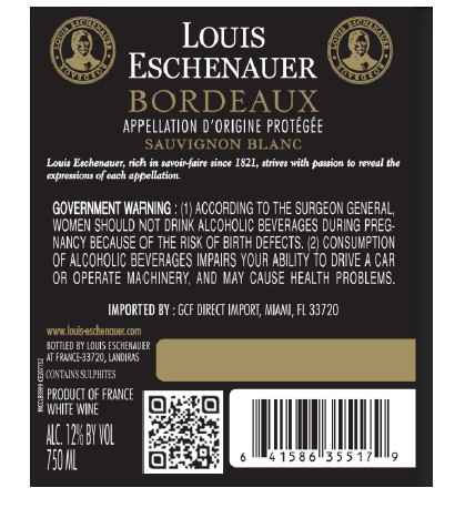 TABC label artwork for LOUIS ESCHENAUER BORDEAUX SAUVIGNON BLANC