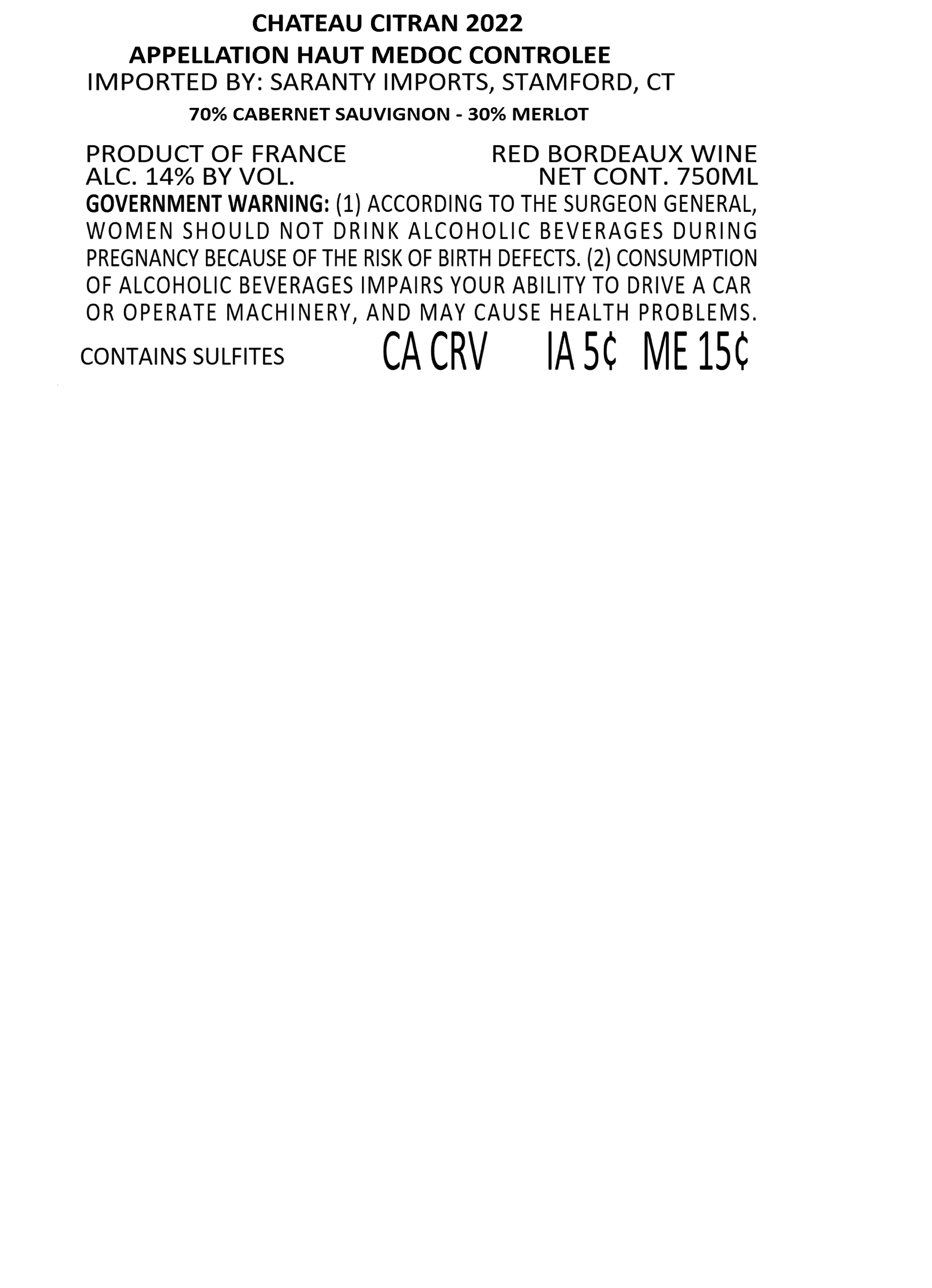 TABC label artwork for CHATEAU CITRAN HAUT MEDOC