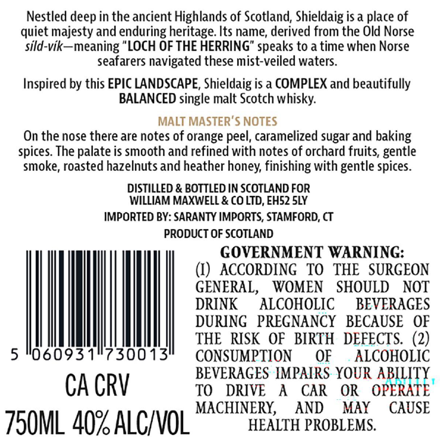 TABC label artwork for Shieldaig Highland Single Malt