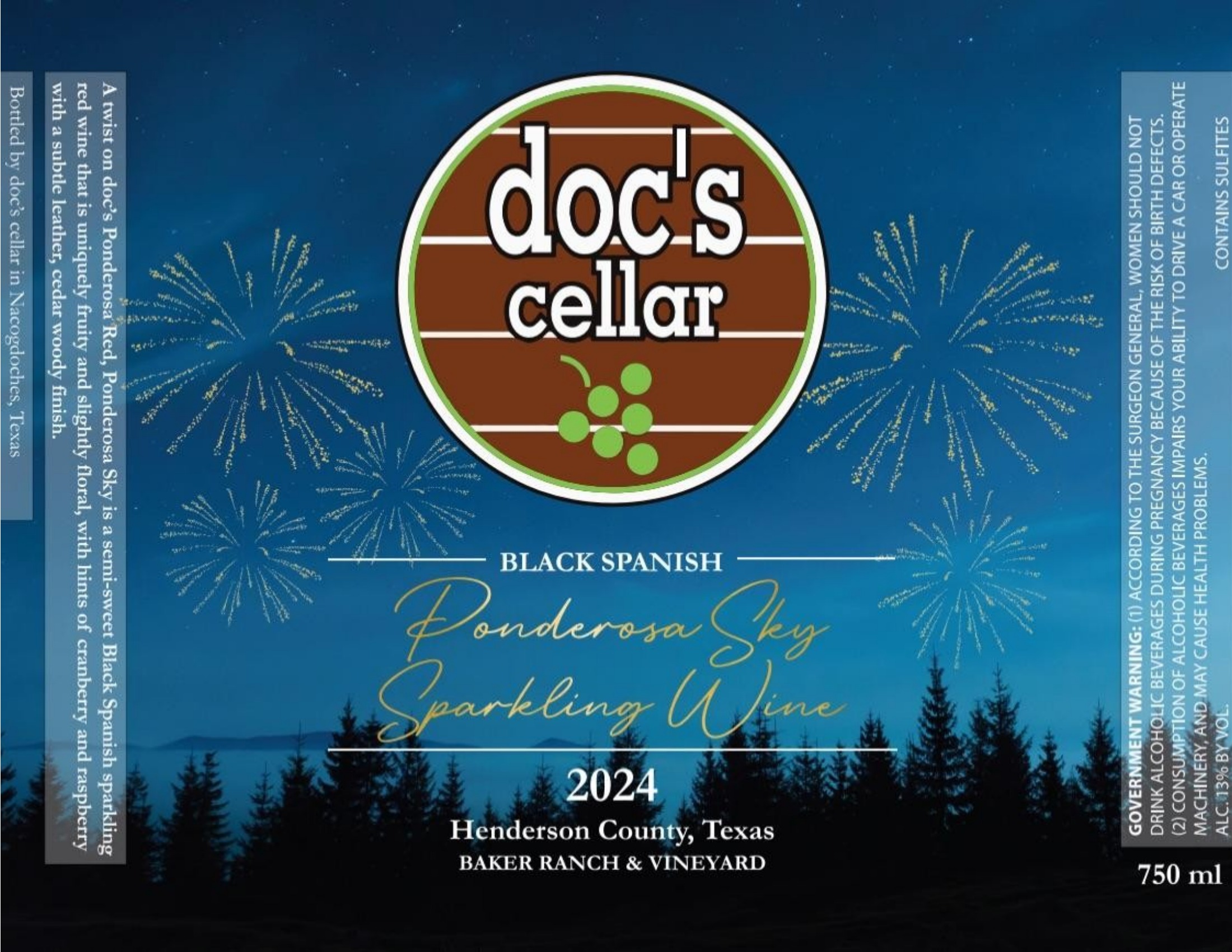 TABC label artwork for Doc's Cellar Ponderosa Sky Sparkling Wine