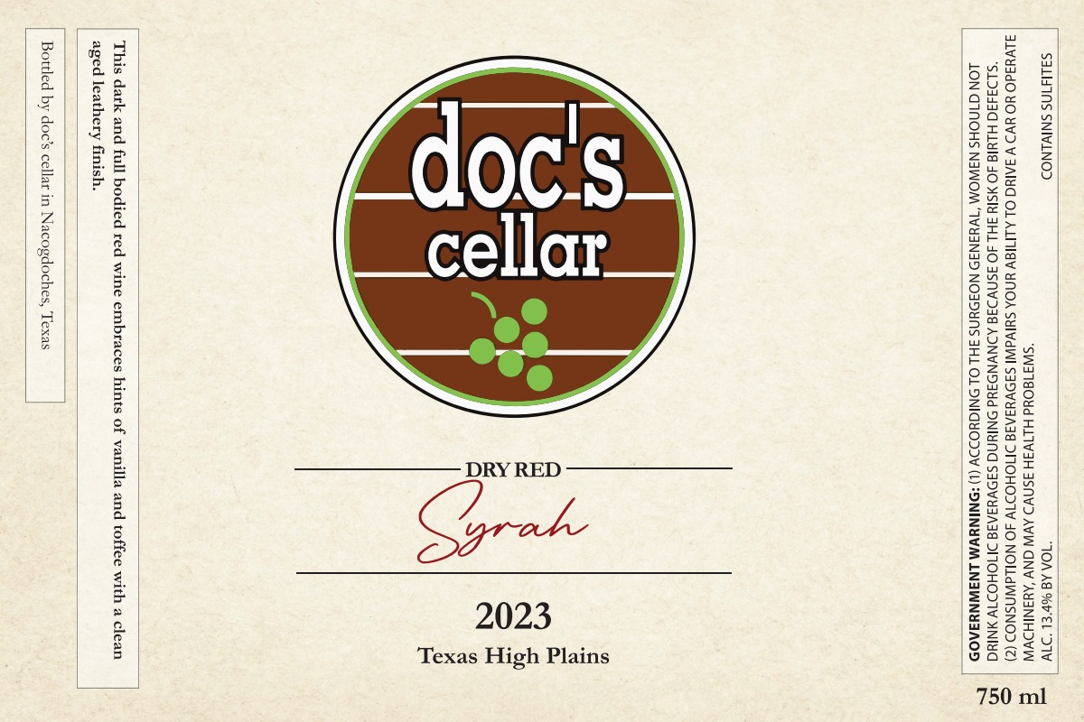 TABC label artwork for Doc's Cellar Syrah