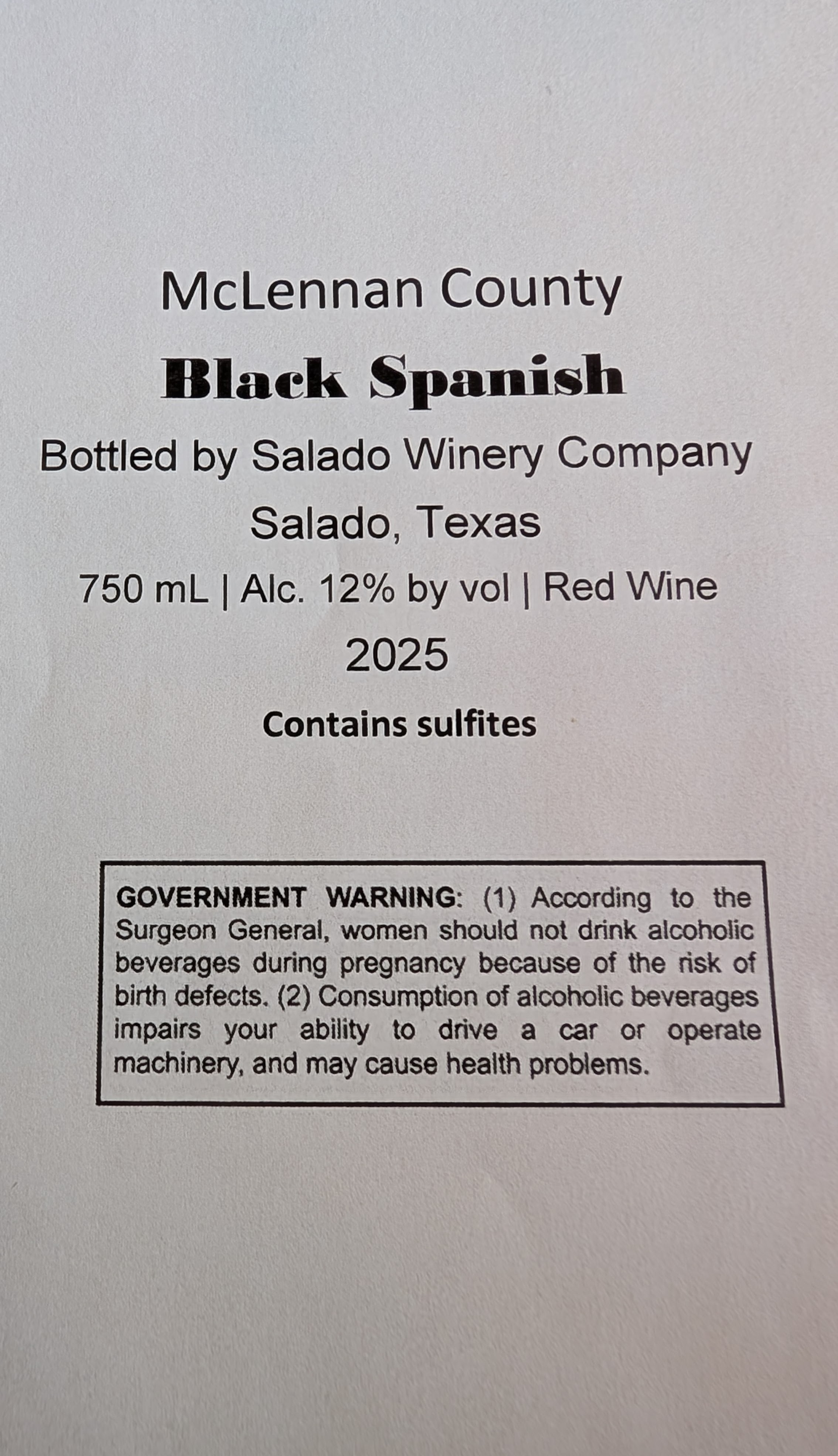 TABC label artwork for SALADO WINERY COMPANY BLACK SPANISH