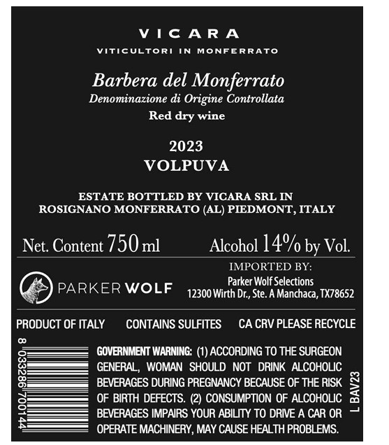TABC label artwork for VICARA VOLPUVA