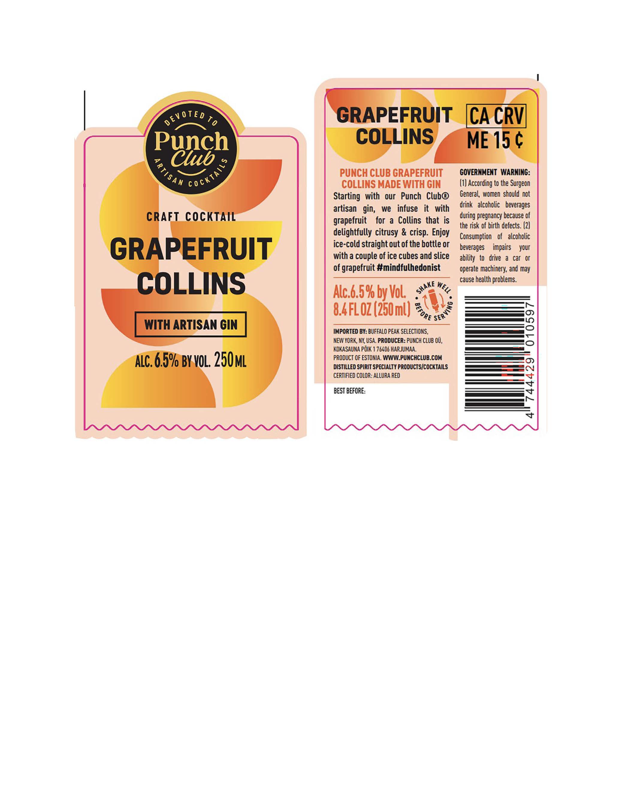 TABC label artwork for Punch Club Grapefruit Collins