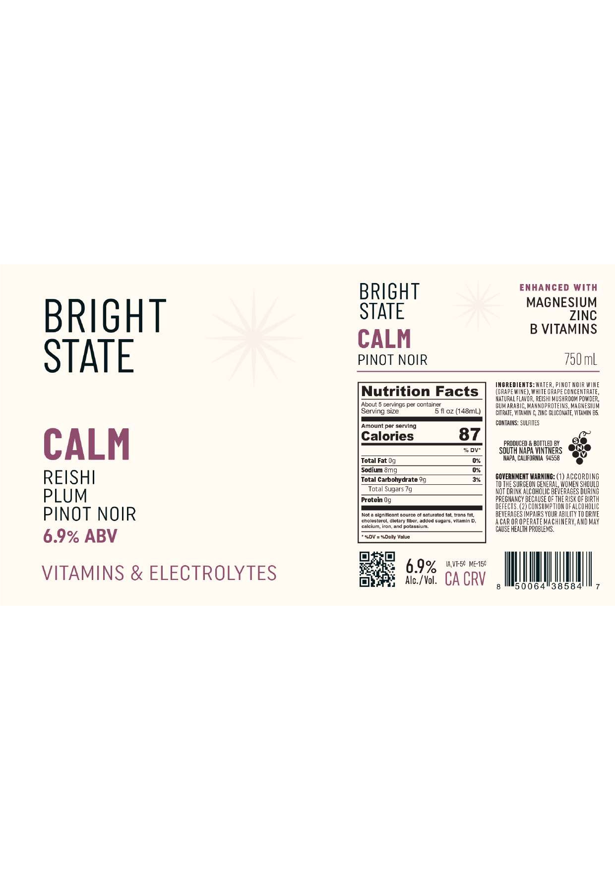 TABC label artwork for Bright State Low-Alc "Calm" Pinot Noir
