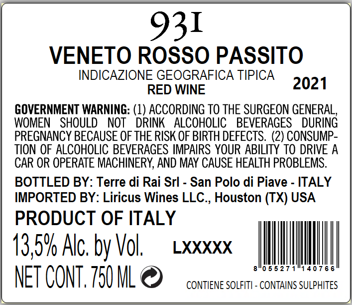 TABC label artwork for 931 APPASSIMENTO