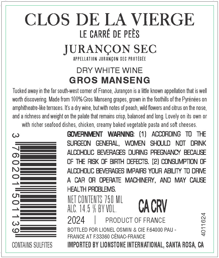TABC label artwork for Clos de la Vierge Le Carre de Pees Jurancon SEC Gros Manseng, France