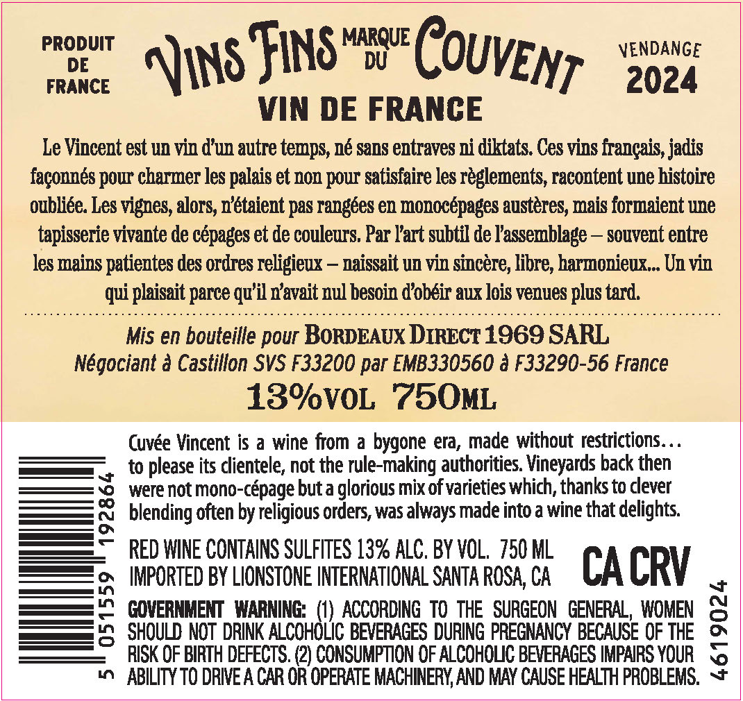 TABC label artwork for Vins Fins Marque du Couvent Red Wine, Vin de France