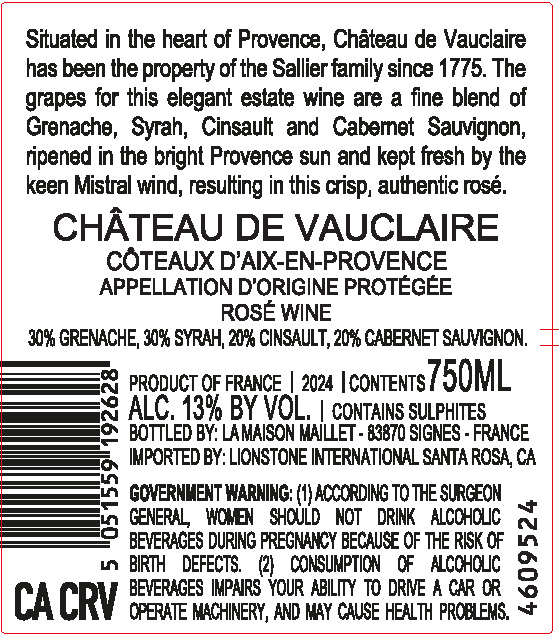 TABC label artwork for Chateau de Vauclaire Coteaux d'Aix en Provence Rose Wine Grenache, Syrah, Cinsault, Cabernet Sauvign