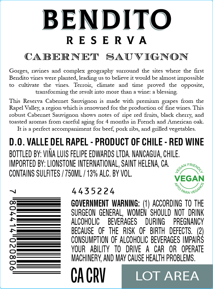TABC label artwork for Bendito Reserva Valle del Rapel Cabernet Sauvignon, Chile