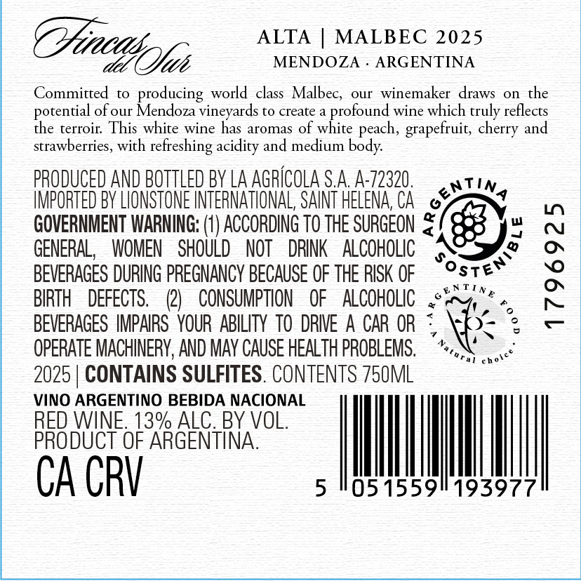 TABC label artwork for Fincas del Sur Alta Seleccion Mendoza Malbec, Argentina