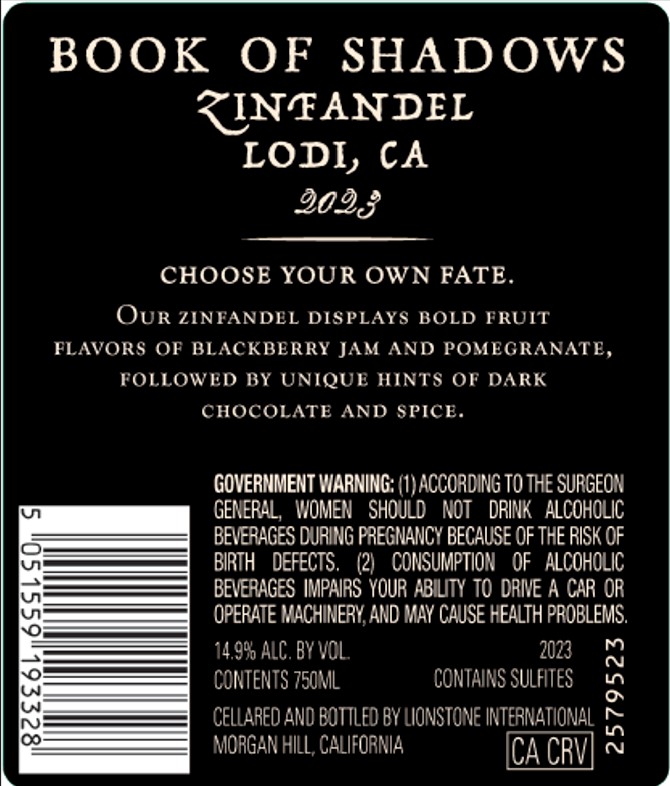TABC label artwork for Book of Shadows Zinfandel, Lodi CA