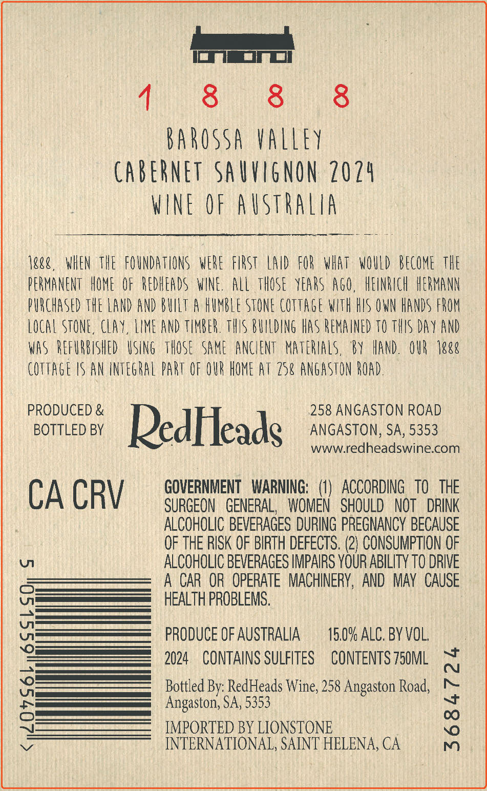 TABC label artwork for 1888 Barossa Valley Cabernet Sauvignon, Australia