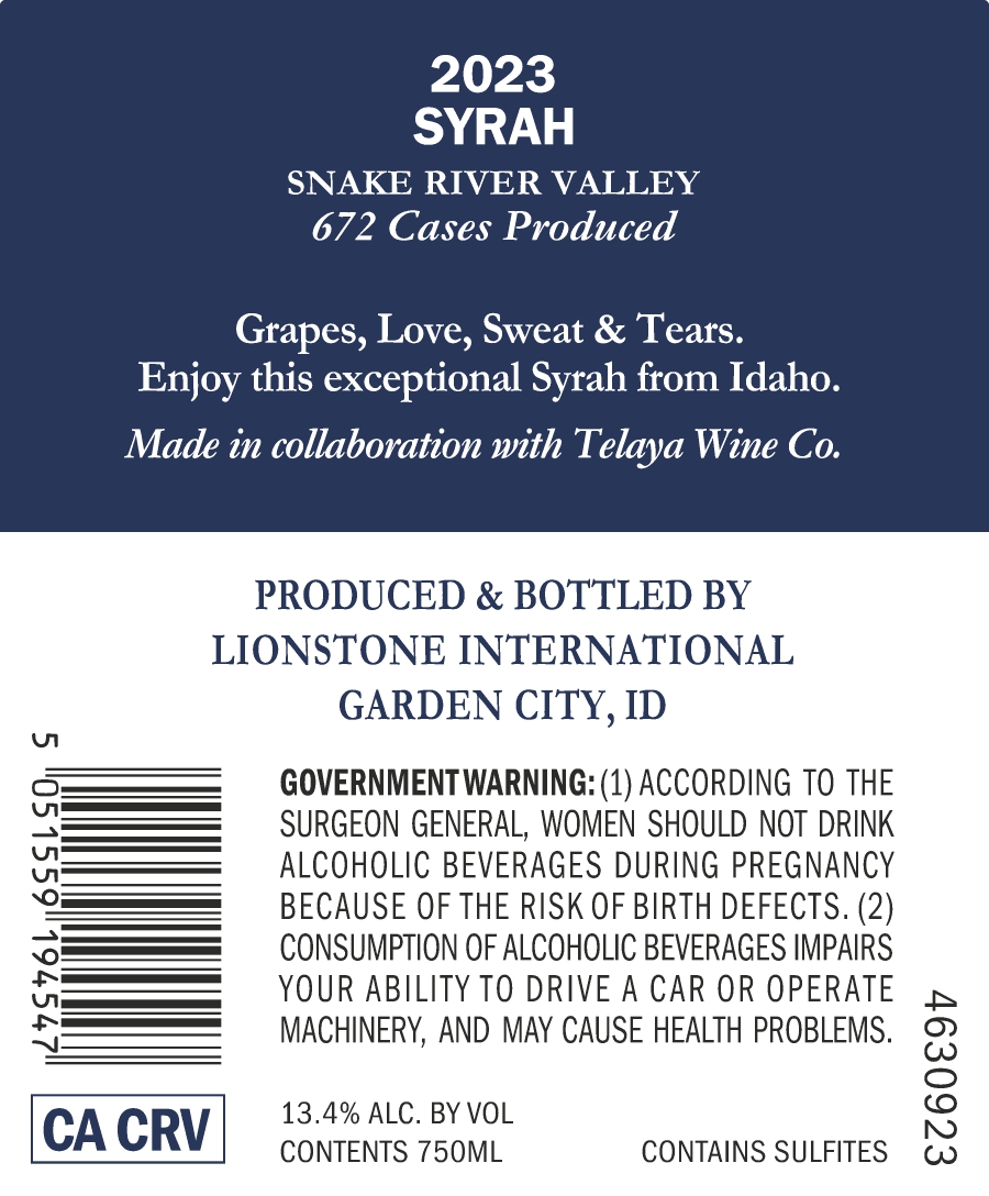 TABC label artwork for Boise River Cellars Snake River Valley Syrah