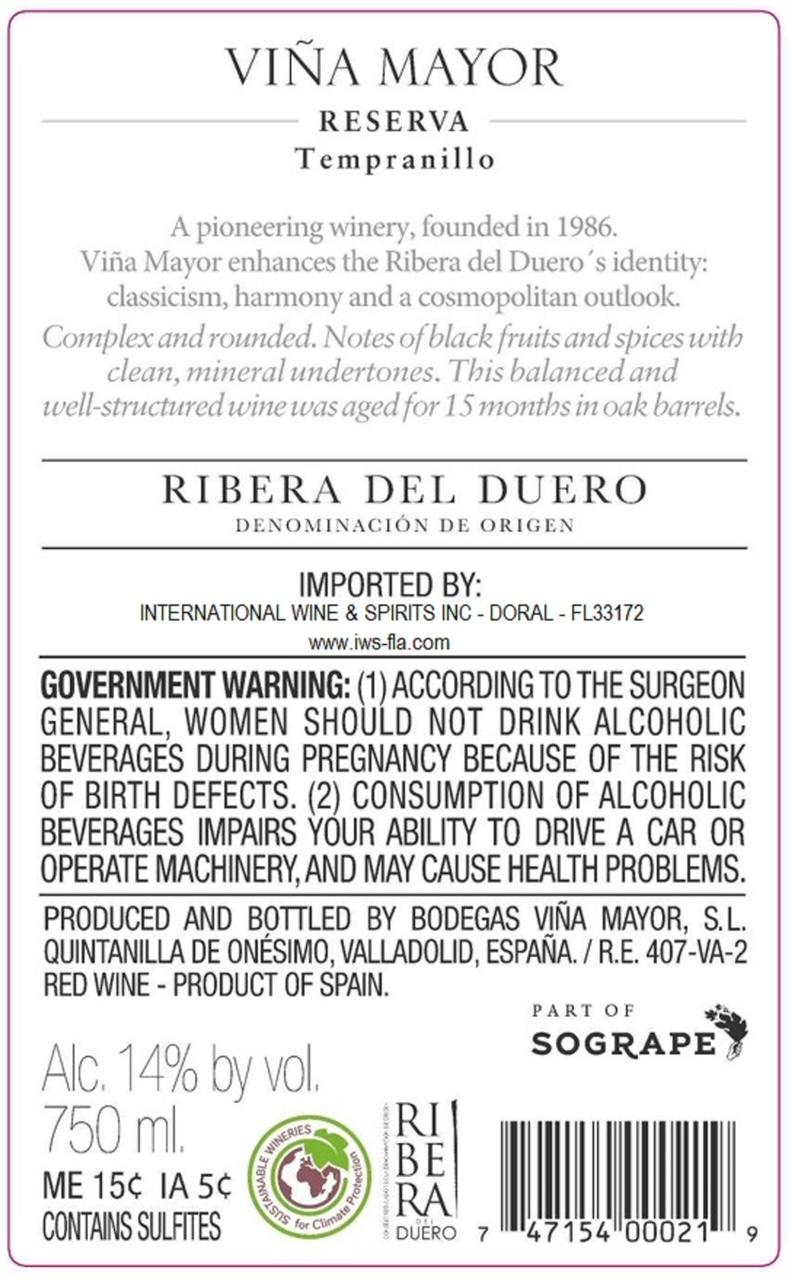 TABC label artwork for Vina Mayor Reserva Tempranillo