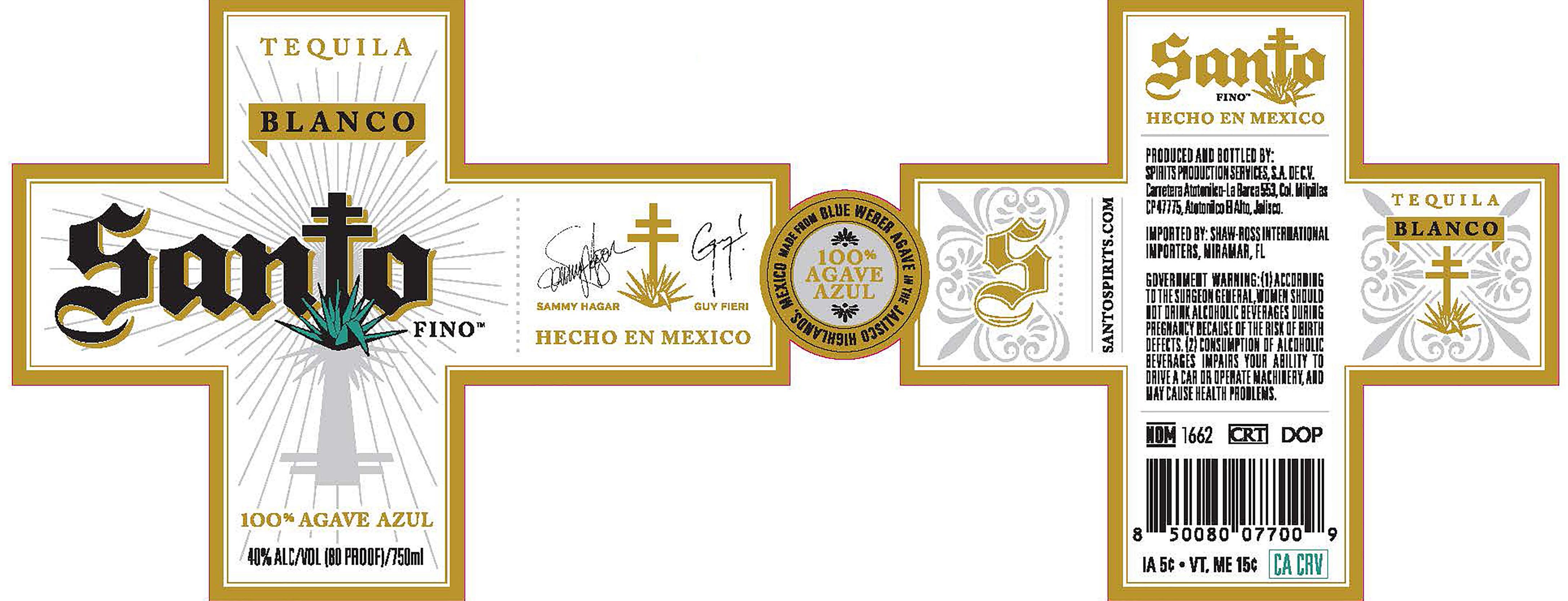 TABC label artwork for Santo Fino 'Blanco' Tequila