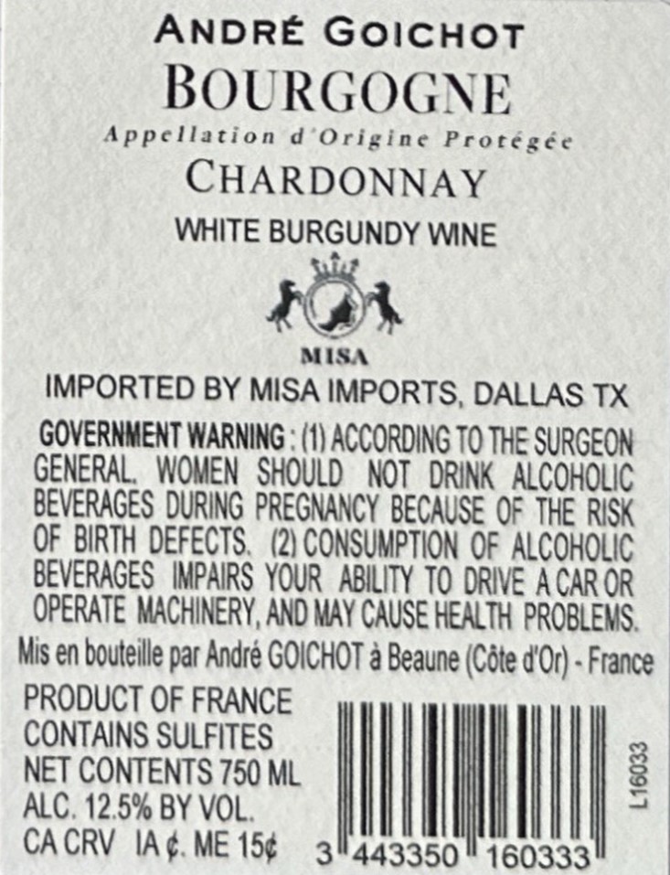 TABC label artwork for ANDRE GOICHOT CHARDONNAY