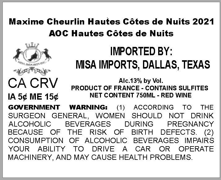 TABC label artwork for MAXIME CHEURLIN NOELLAT HAUTES COTES DE NUITS