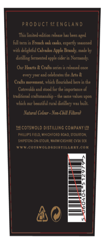 TABC label artwork for COTSWOLDS Hearts and Crafts #6 Calvados Cask Matured Single Malt Whisky