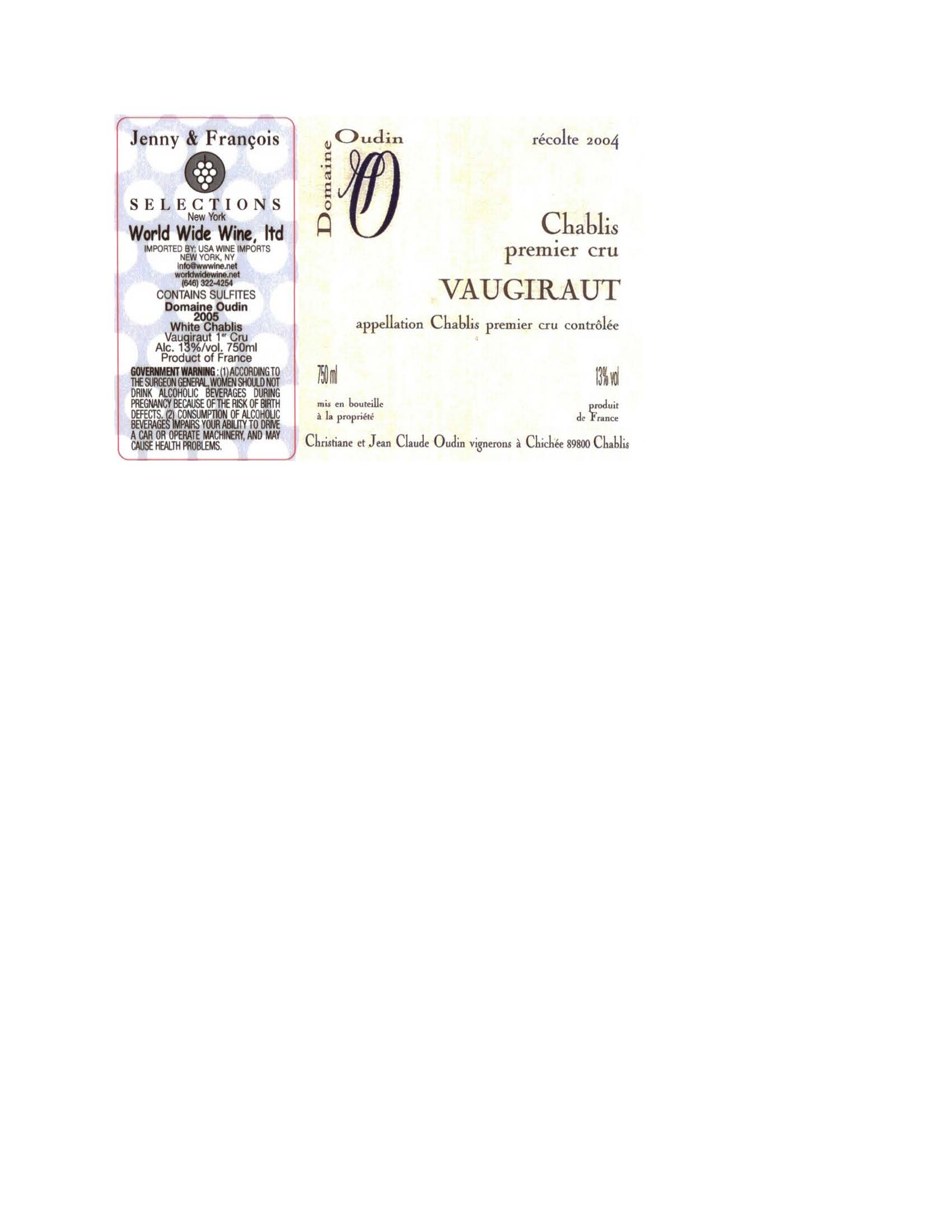 TABC label artwork for Domaine Oudin, Vaugiraut 1er Cru