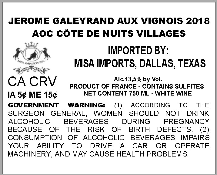 TABC label artwork for JEROME GALEYRAND AUX VIGNOIS