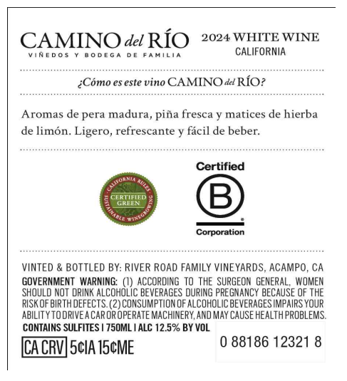 TABC label artwork for Camino del Rio Vino Blanco California