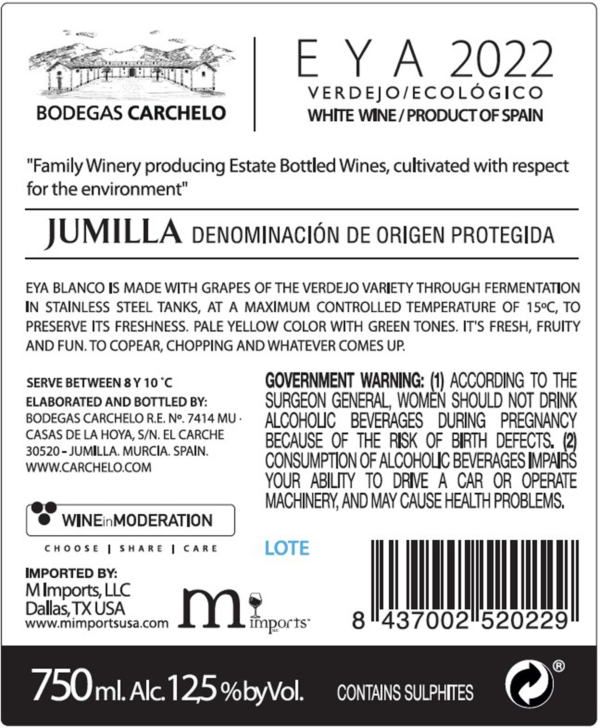 TABC label artwork for Bodegas Carchelo Jumilla EYA 2022 White Wine