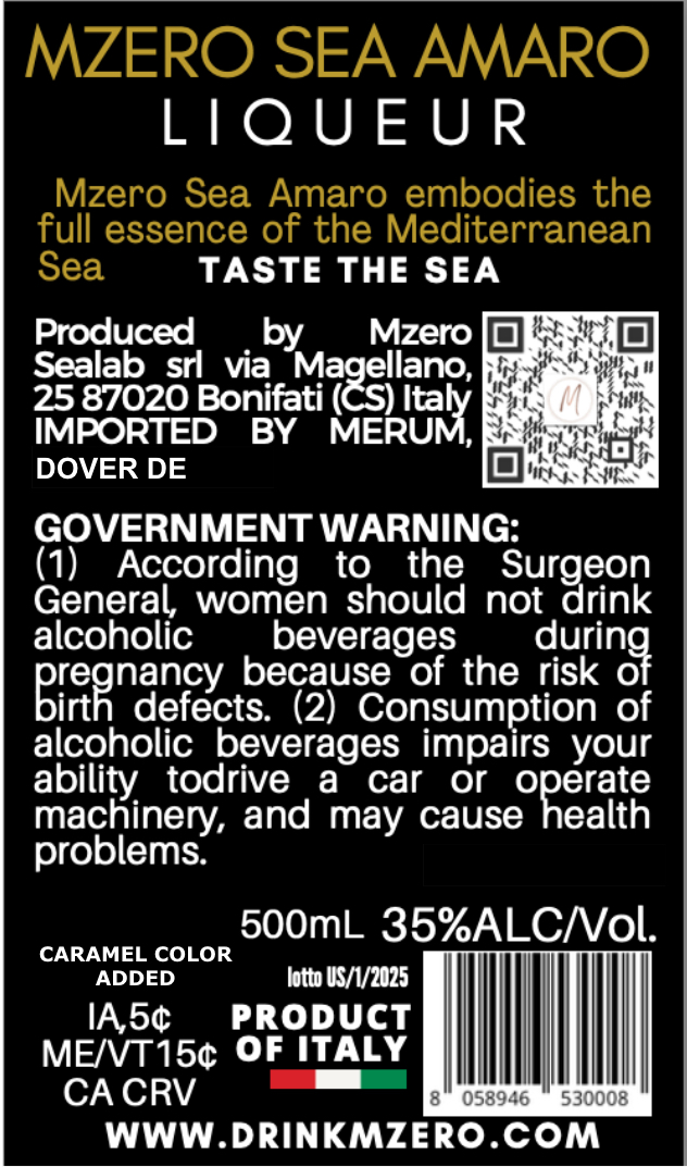 TABC label artwork for MZero Sea Amaro 50cl