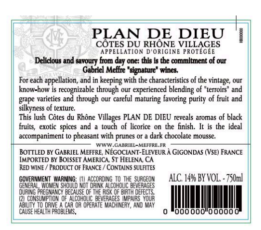 TABC label artwork for Gabriel Meffre Plan de Dieu Saint Mapalis