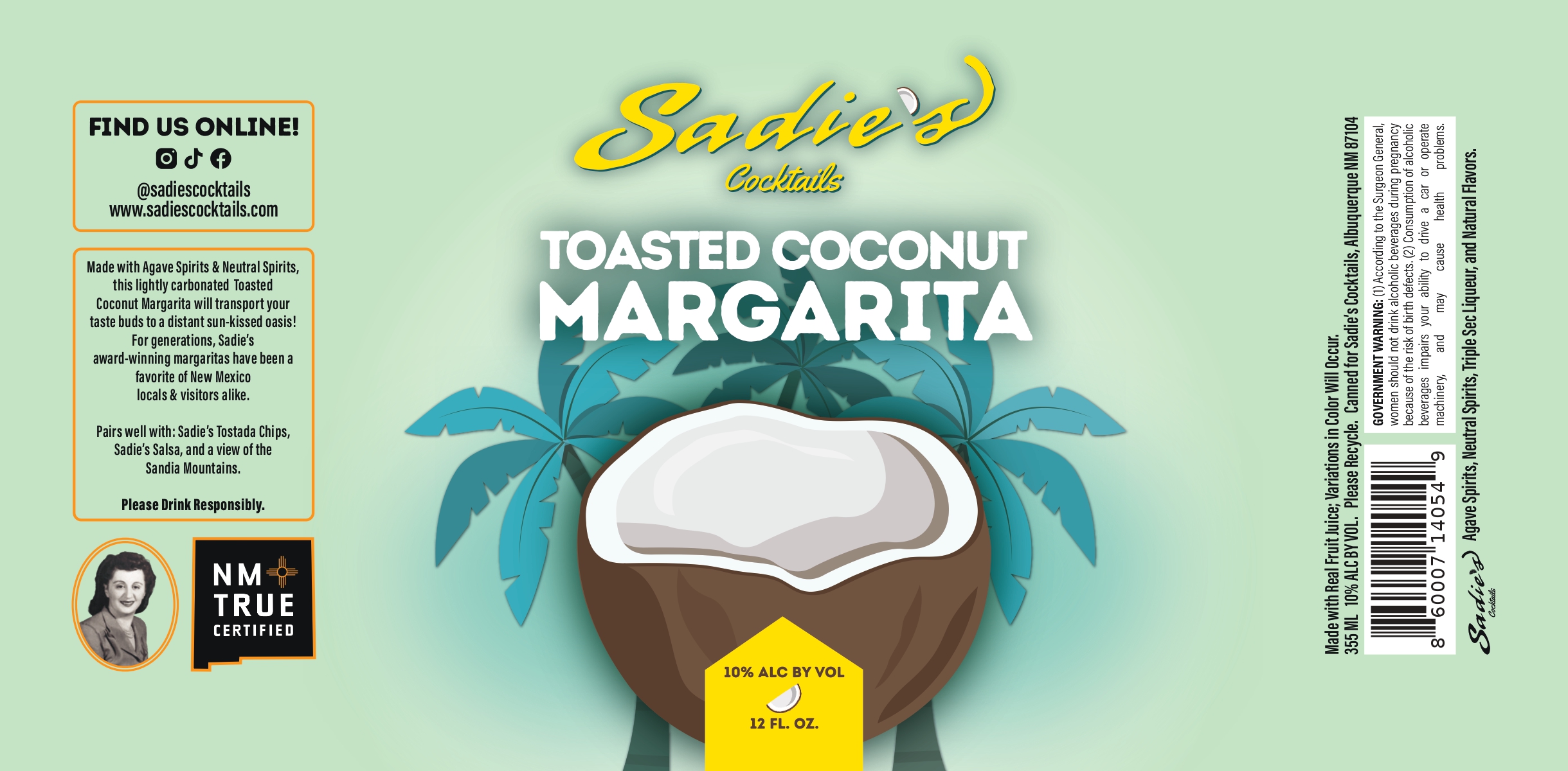 TABC label artwork for Sadies Cocktails Toasted Coconut Margarita