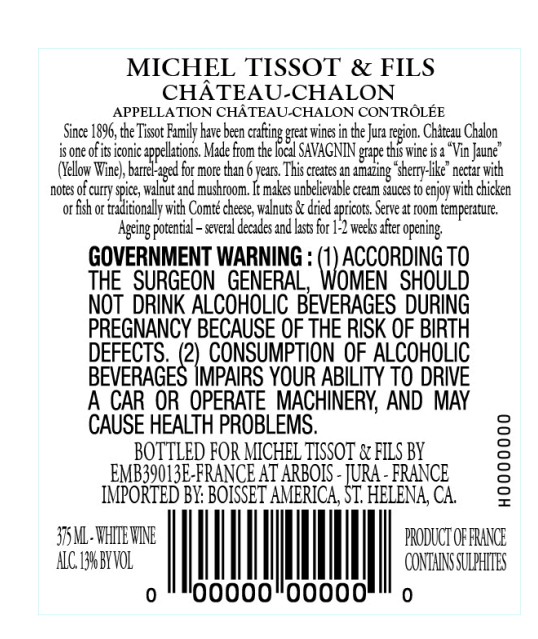 TABC label artwork for Michel Tissot & Fils Chateau-Chalon Vin Jaune