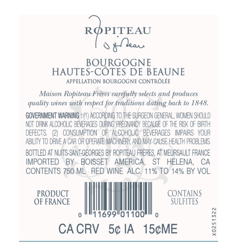 TABC label artwork for Ropiteau Hautes Cotes de Beaune